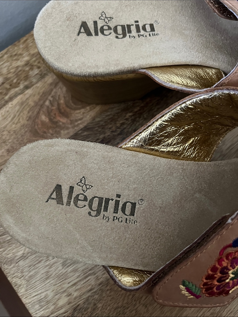 Alegria Embroidered Peach Slide Sandals with Multicolor Floral Accents - Picture 2 of 5